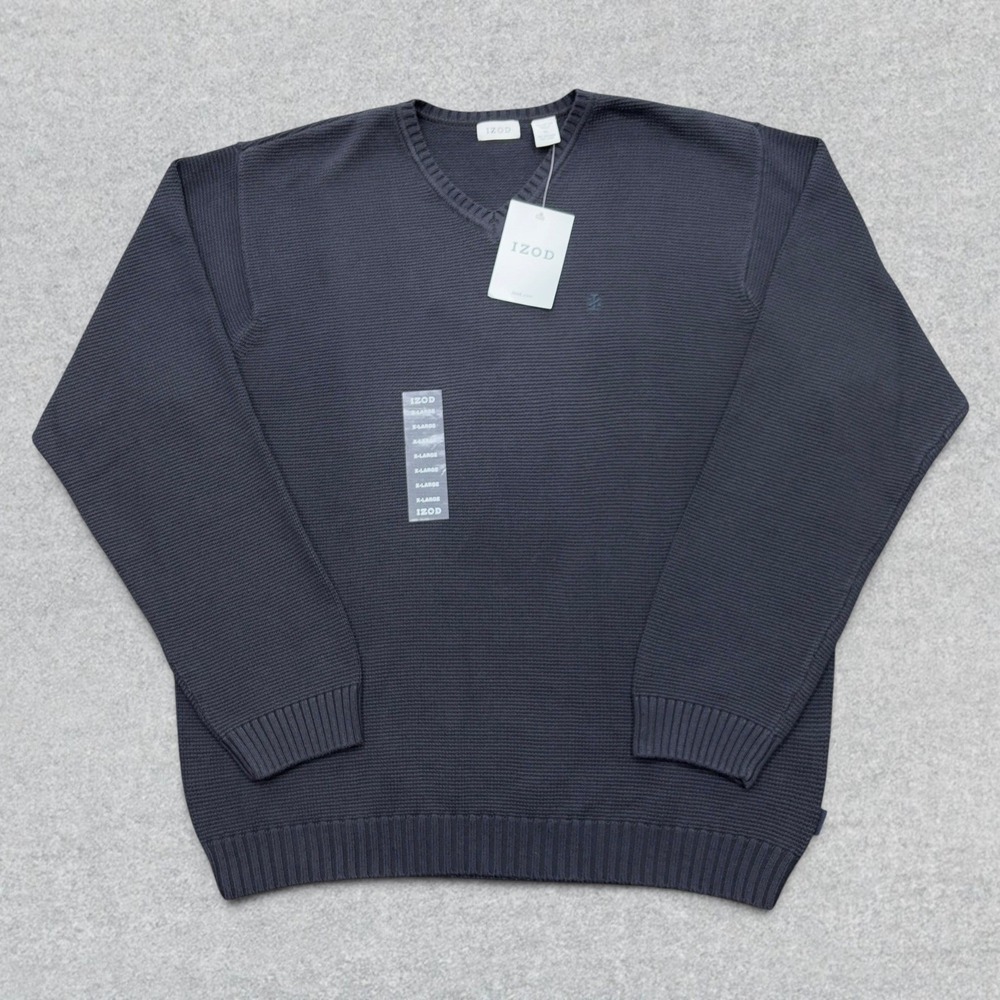 IZOD Sweater Mens XL Navy Blue V-Neck Cotton Textured Knit Pullover NWT